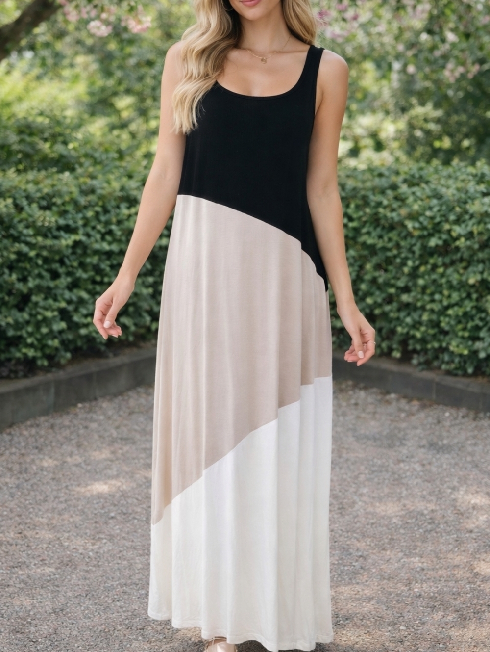Calvin Klein Colorblock Maxi Dress Black Taupe White Sleeveless Racerback 10